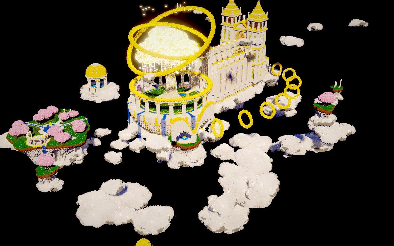Le Paradis : une basilique blanche et or entourée d'anneaux dorés, sur des nuages.