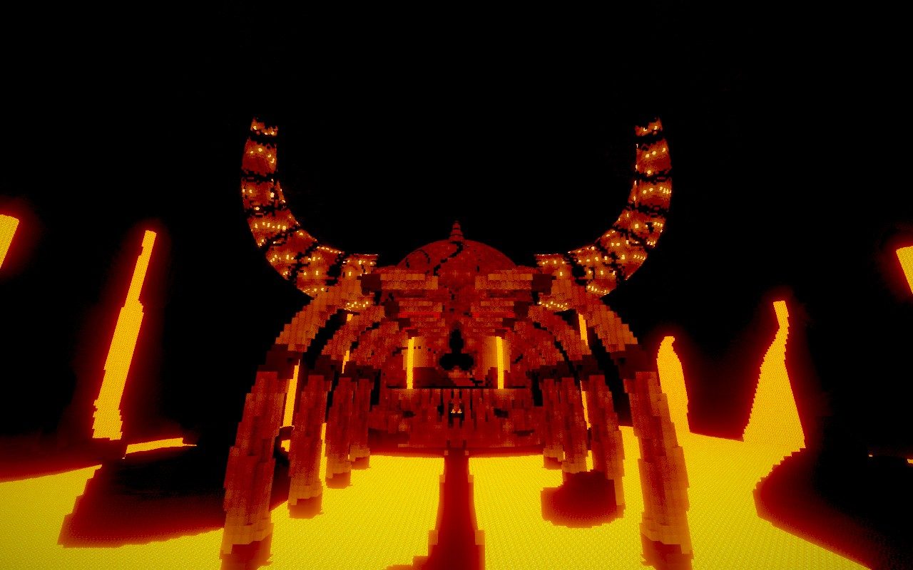 Le château de l'Enfer : un crâne géant cornu au-dessus d'un lac de lave.