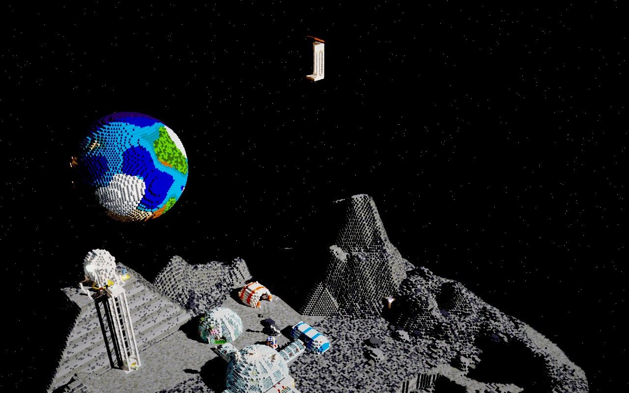 La Lune : une base lunaire dans un cratère, la Terre dans le ciel étoilé.