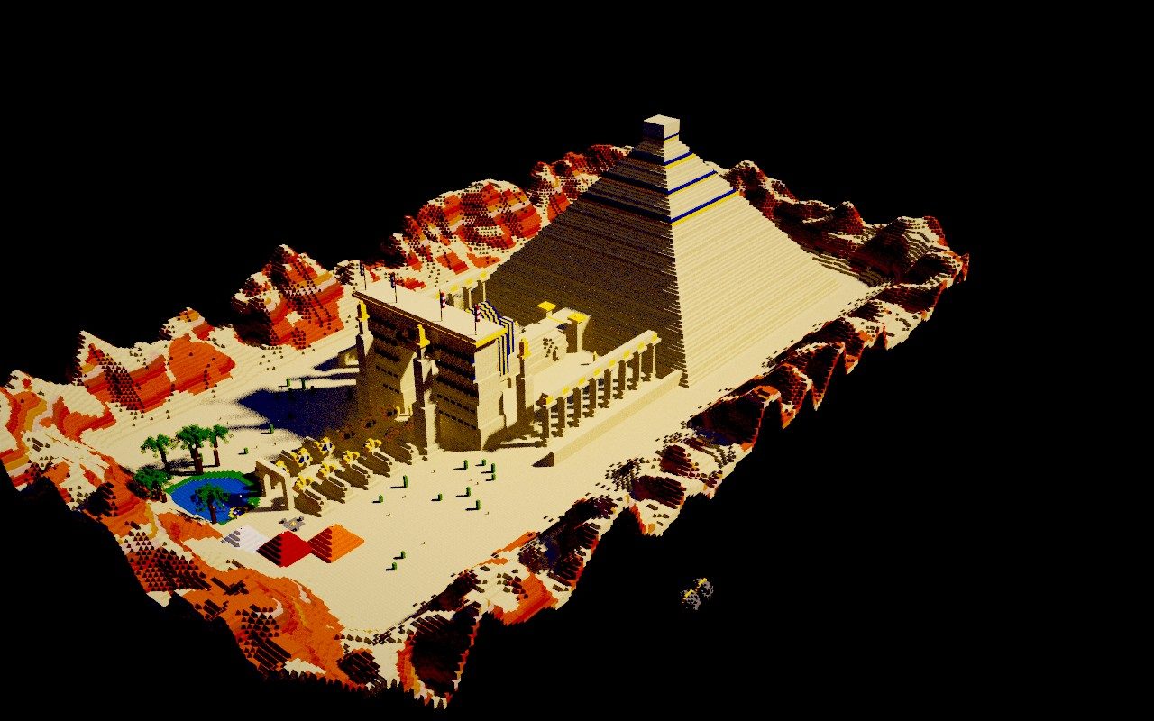 La Pyramide : une pyramide et un temple à pylônes dans un désert, avec une oasis.